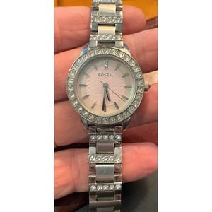 Women's 35mm Silver Tone Fossil Watch, Pale Pink Face, Crystal Accents